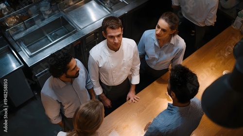 Restaurant team in professional meeting around a bar counter high angle view