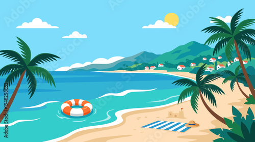 Sunny Tropical Beach Scene with Palm Trees and Ocean Horizon.