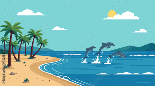 Sunny tropical beach scene with palm trees along a curved shoreline and blue ocean under a bright sky.