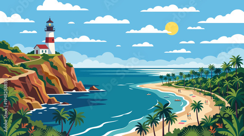 Vibrant tropical coastal landscape featuring a lighthouse on cliffs, sandy beach, and swaying palm trees along turquoise ocean.