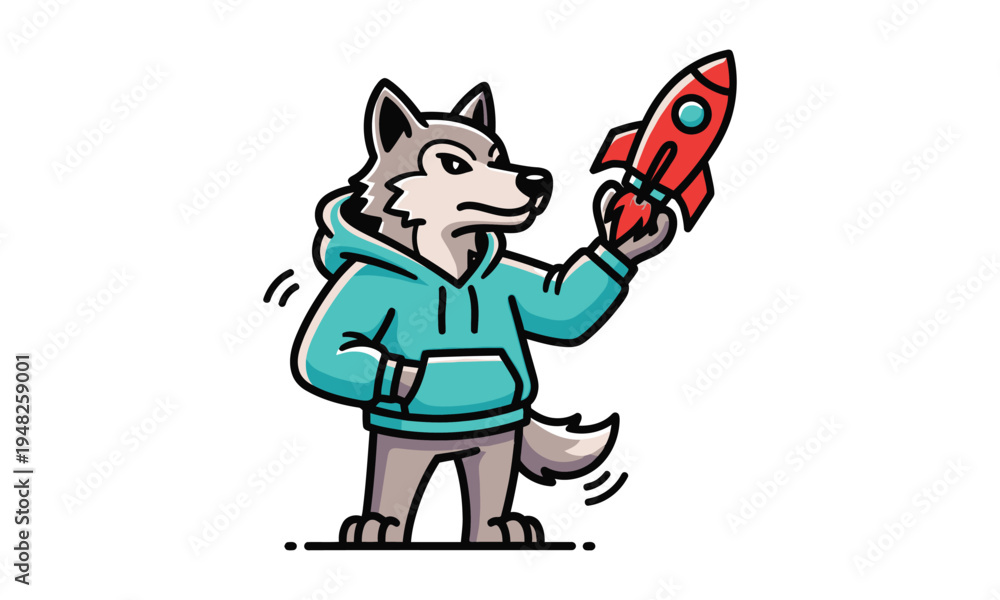 Fototapeta premium Cool wolf character wearing turquoise hoodie holding red rocket ship