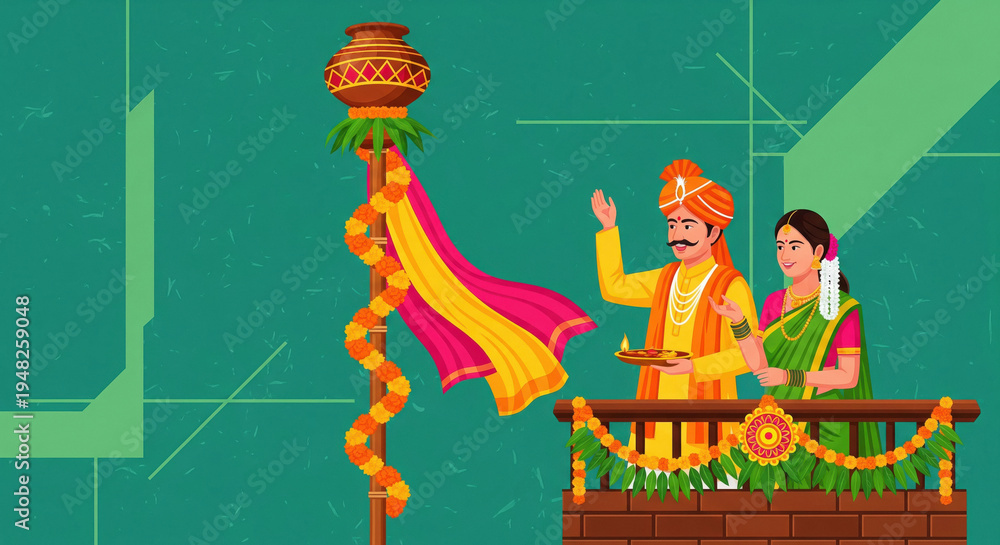 Naklejka premium Happy Gudi Padwa: Indian Couple Celebrating Festival with Gudi