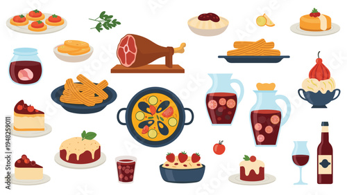 Variety of traditional Spanish food items including paella, churros, ham, sangria, and various desserts and tapas.