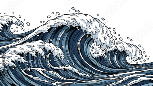 Powerful blue ocean waves with white foam and spray crashing together in a dramatic maritime scene on white background.