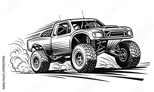 Vector illustration of a powerful off road desert racing truck kicking up dust and dirt