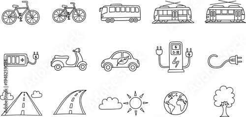 Collection of hand-drawn icons representing eco-friendly transportation and renewable energy sources