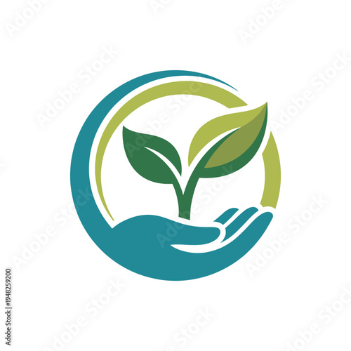 This logo represents environmentalism through a hand cradling green leaves, symbolizing sustainability, care for nature, and a commitment to preserving our planet.