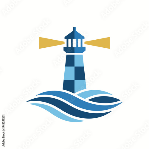 This logo features a charming lighthouse emitting light above stylized waves, symbolizing guidance, safety, and the beauty of coastal life, perfect for maritime themes.