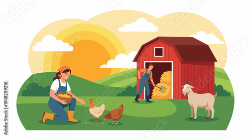 A vibrant farm scene at sunset, depicting farmers caring for chickens and goats. This image reflects rural life and the connection between people and animals in agriculture.