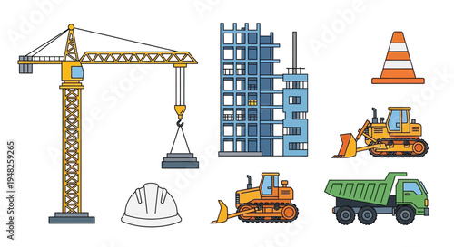 Isometric illustration of a bustling cityscape under construction with cranes