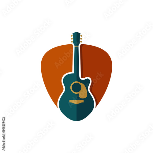 An elegant illustration of an acoustic guitar paired with a guitar pick, symbolizing musical passion, creativity, and the joy of sound in a modern style.