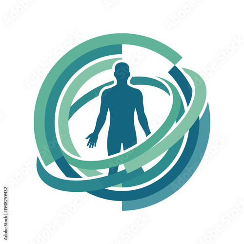 An abstract design featuring a human silhouette surrounded by fluid dynamic circles, representing personal growth, vitality, and holistic wellness in a vibrant modern style.