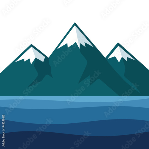 This serene landscape illustration depicts a stylized mountain range above tranquil waters, capturing the beauty of nature and the calmness it brings to our lives.