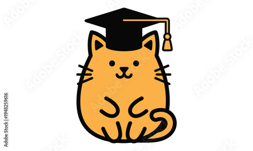 Cute orange cat wearing graduation cap sitting calmly
