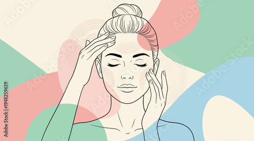 This elegant line art image showcases a woman gently applying skincare to her face, capturing a sense of self-care, beauty, and serenity in a modern artistic approach.