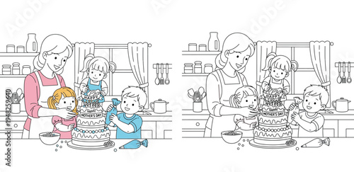Family Baking Mother's Day Cake Together in Kitchen