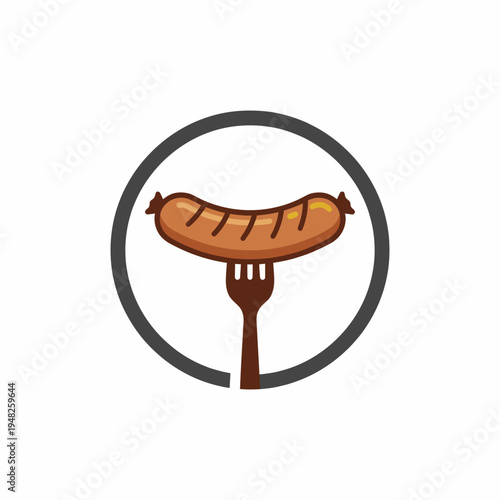 This illustration depicts a grilled sausage balanced perfectly on a fork, representing culinary delight and the joy of savoring good food, embodying comfort and satisfaction.