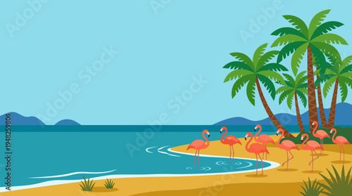 Sunny Tropical Beach with Palm Trees and Blue Ocean Under Clear Sky.