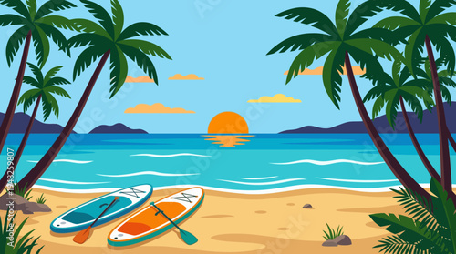 Sunny Tropical Beach Scene with Palms, Surfboards, and a Calm Sunset Ocean.