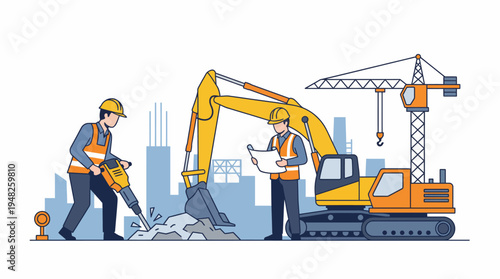 Illustration of construction workers operating heavy machinery, showcasing teamwork and industry, best suited for construction-related or labor themes.
