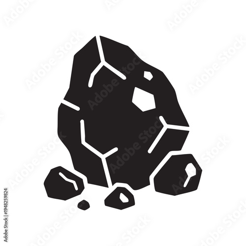 A black and white illustration depicts a fractured rock formation with smaller pebbles surrounding the base