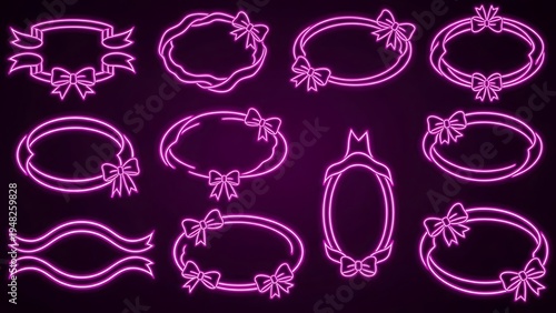 A collection of pink neon frame designs on a black background