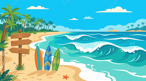 Sunny tropical beach scene with palm trees, surfboards, and rolling waves along the shore.