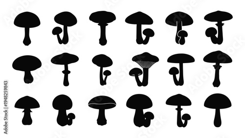 A detailed analysis of a collection of black mushroom silhouettes in various orientations and shapes
