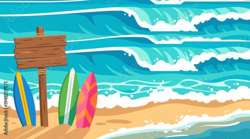Sunny beach scene with surfboards, signpost, and rolling ocean waves along the shore.