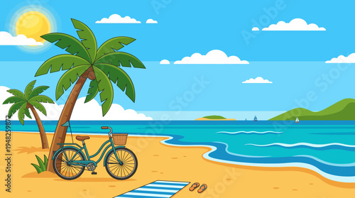 Sunny Beach Scene with Palm Tree, Bicycle and Ocean View on the Shoreline.