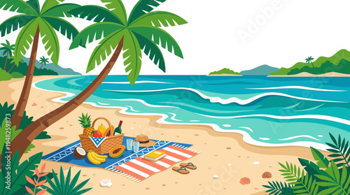 Sunbathing on a sunny tropical beach with palm trees and turquoise waves.
