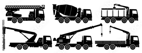 Construction trucks silhouette in black color, side view, flat vector icons for industrial design, isolated illustration. Building and heavy equipment concept