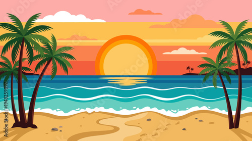 Golden sunset over a tropical beach with palm trees and calm waves.