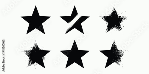 Collection of six black stars with varied distressed textures