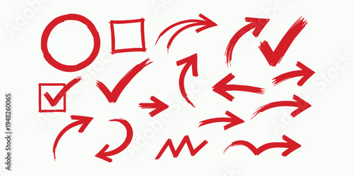 A collection of red arrows and symbols on a white background