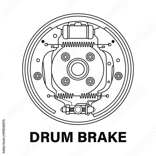 Drum Brake Internal Mechanism Vector Illustration – Automotive Brake Shoes, Springs and Wheel Hub Technical Diagram