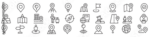 Navigation map route location pin icons set with start finish direction and destination symbols, route paths, and location markers for GPS and travel UI design in thin outline style pack