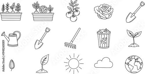 Gardening icons set with plants, tools, sun, cloud, and earth for organic farming concepts
