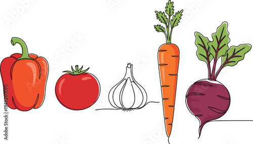 Fresh organic vegetables with bell pepper, tomato, garlic, carrot, beetroot, continuous line art drawing, healthy food, vegan diet, farm products.