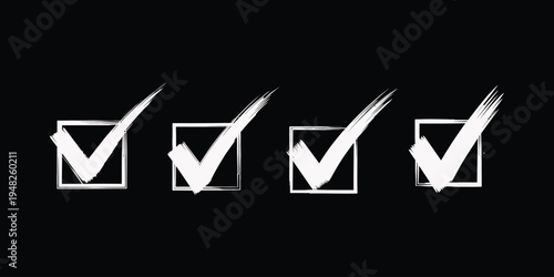 Four white checkmarks on black background