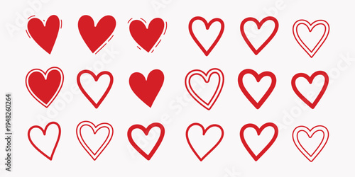 Collection of red and white hearts on a white background