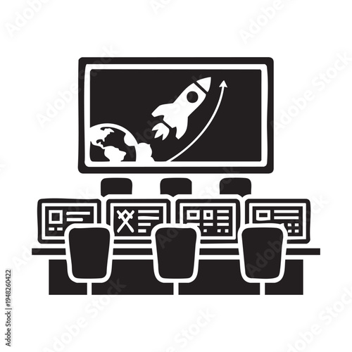 A black and white illustration of a mission control room monitoring a rocket launch into space