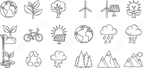 Collection of hand-drawn icons representing nature, ecology, and renewable energy sources