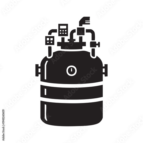 A black silhouette illustration depicts a large industrial tank with various pipes valves and gauges