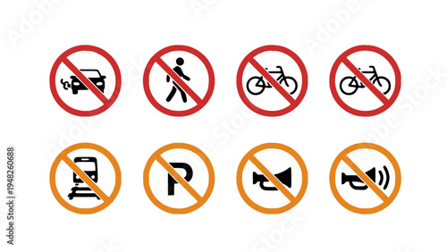 Collection of prohibition symbols such as no phone, no parking, no horn, and other restriction signs.
