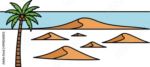 Minimalist Desert Landscape Illustration with Palm Tree and Sand Dunes Vector Graphic