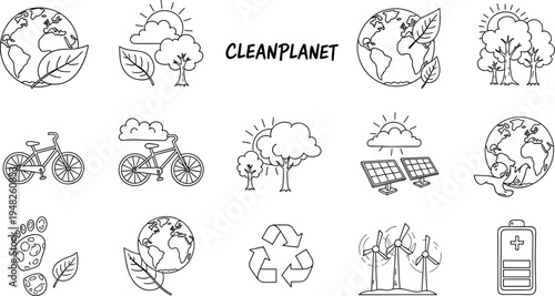 Collection of hand-drawn icons representing environmental protection and clean energy solutions