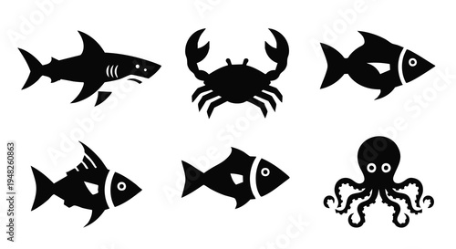 Marine Animals Silhouette Set Shark Fish Crab and Octopus Icons