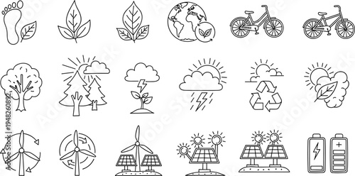 Collection of eco-friendly icons representing sustainability, renewable energy, and nature conservation
