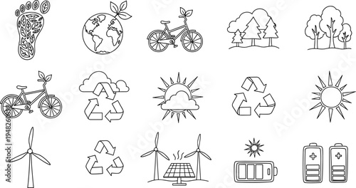 Collection of eco-friendly icons representing sustainability and renewable energy sources